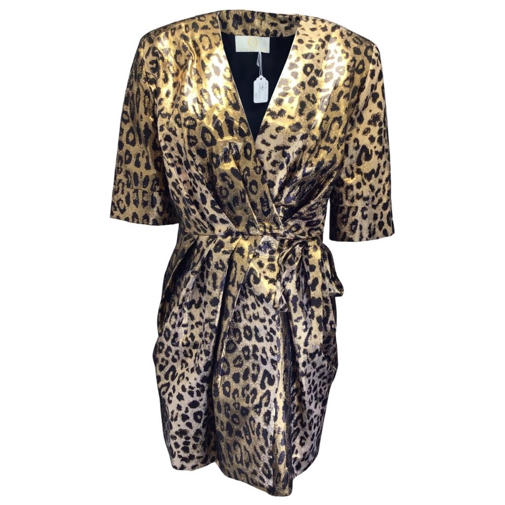 SARA BATTAGLIA GOLD METALLIC / BLACK LEOPARD PRINTED WRAP DRESS